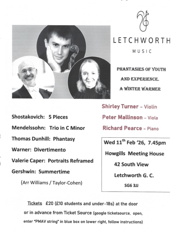 Classical, chamber music concerts at Howgills Meeting House, Letchworth.